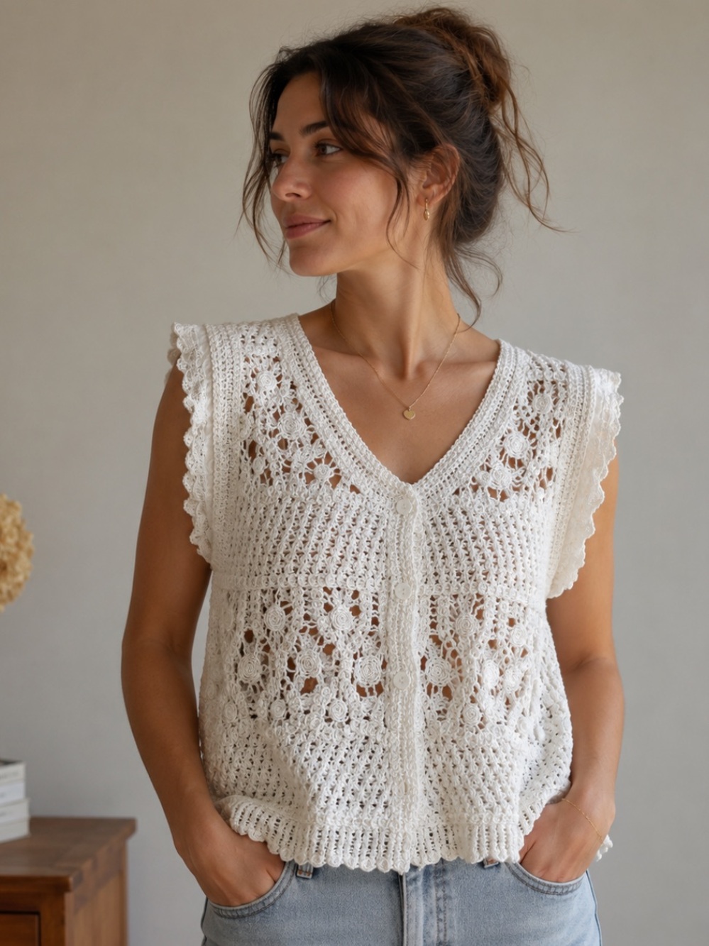 Handmade White Crochet Vest